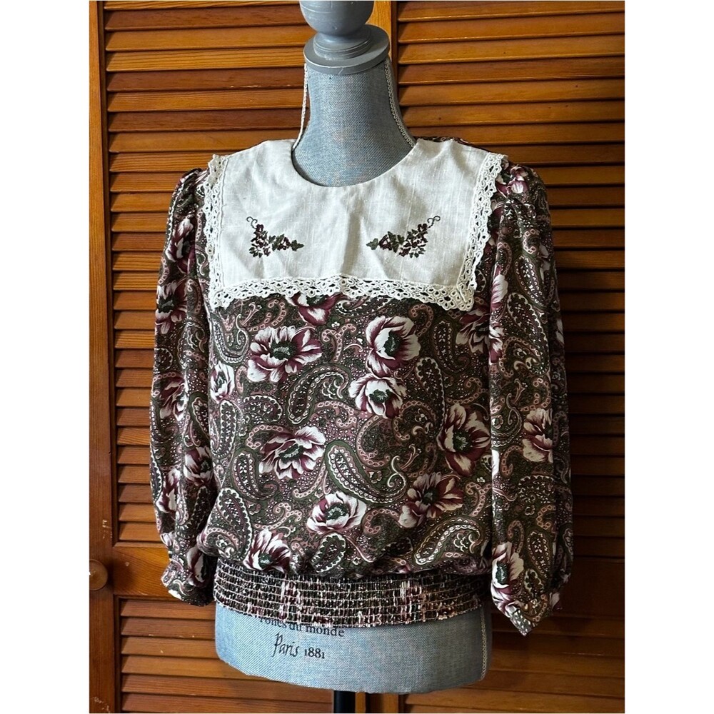 Vintage 80s Peasant Boho Midsommar Paisley Bib 3/4 Sleeve Top Green Pink